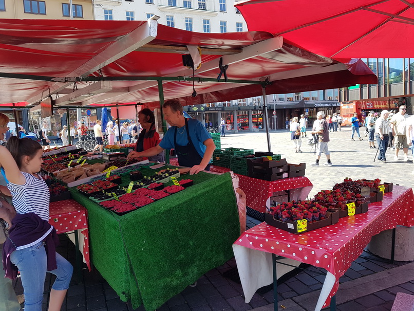 Bergen Fischmarkt  Torget Königskrabbe, Wal, Hummer und Muscheln Lachs 